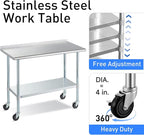 Stainless Steel Table for Prep & Work with Caster & Backsplash 24x48 Inches, NSF Metal Commercial Kitchen Heavy Duty Table with Adjustable Under Shelf and Table Foot for Restaurant, Home and Hotel