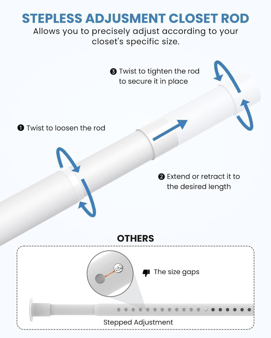 2 PACK Closet Rods for Hanging Clothes, 17 to 69 Inches Stepless Adjustable Metal Closet Rod, 1.3 Inches Heavy Duty Clothes Hanging Rod for Closet Wardrobes Laundry RV, White