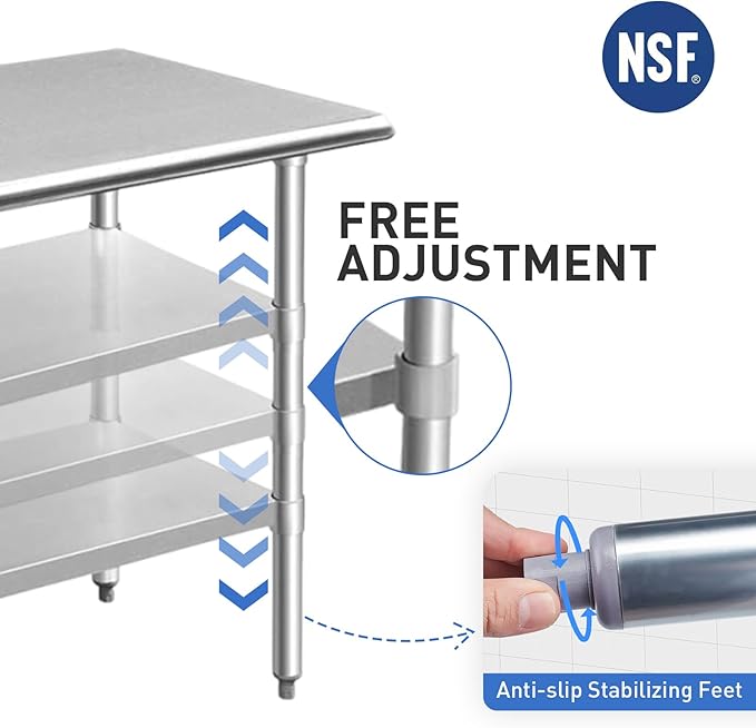 ROCKPOINT Stainless Steel Table for Prep & Work 18x36 Inches, NSF Metal Commercial Kitchen Heavy Duty Table with Adjustable Under Shelf and Table Foot for Restaurant, Home and Hotel
