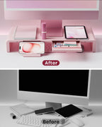 Pink Monitor Stand Riser, Klearlook Foldable, Height Adjustable Computer Stand, Desk Shelf Riser with Storage Drawer &Tablet Phone Stand for Desktop, Laptop