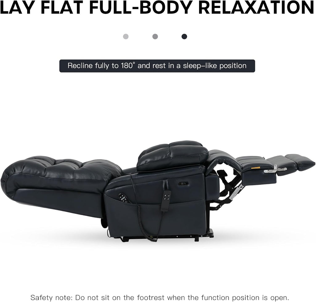 DYNOX Oversized 400 lbs Power Lift Recliner Chair for Big and Tall Seniors, Dual Motor Lay Flat Lift Chair with Extended Footrest, Heat & Massage, Genuine Leather, Dark Blue, 9305L