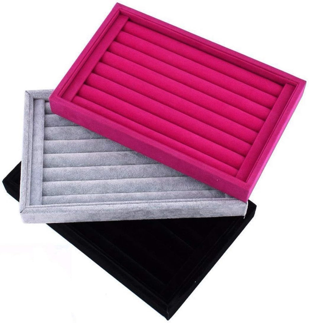Tinsow Stackable 7 Slots Jewelry Rings Pink Earrings Tray Velvet Showcase Display Organizer (Pink)