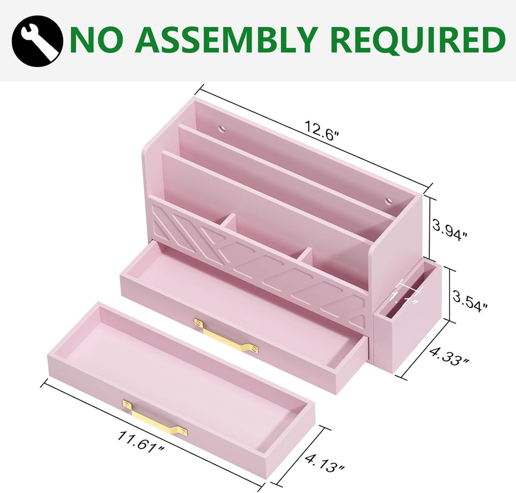 Bamboo Desk Organizer Mail Holder Countertop Wood Desk Drawer Tabletop Storage Box Pen Holder Letter Sorter Makeup Organizer for School Home Office Supplies with Pen Holder Pink