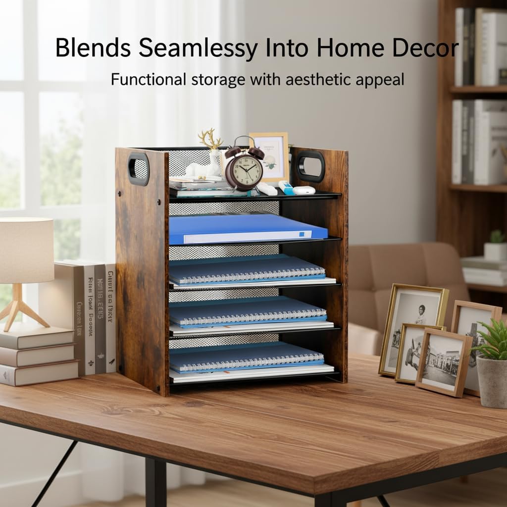 Wood Desk Organizer - 5-Tier Desktop File Organizer, Wooden Paper Tray, Office Desk Organzier and Accessories for Papers, Mail, Notebooks, Stationery