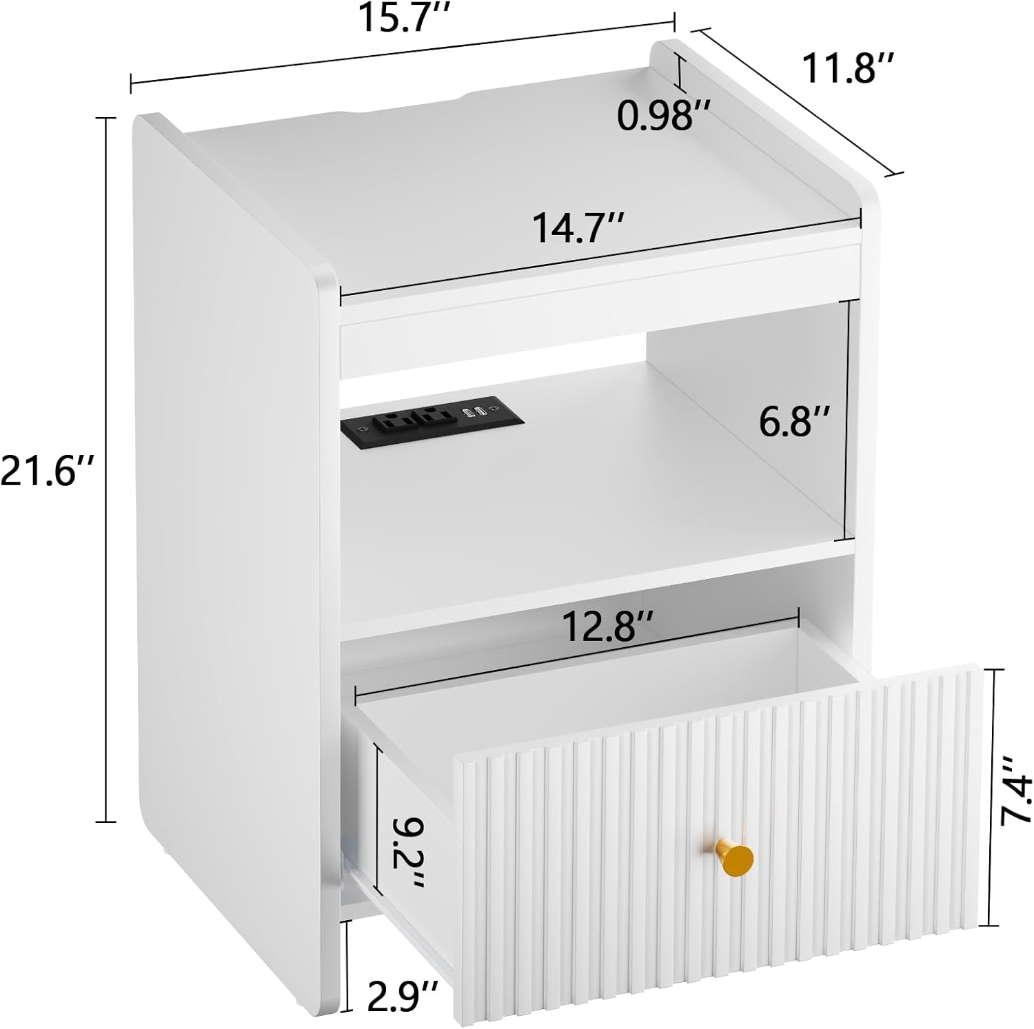 HIFYOBRO 21.6" Tall Fluted Nightstand, End Table with Charging Station and LED Light, Modern End Side Table with Drawer(White)