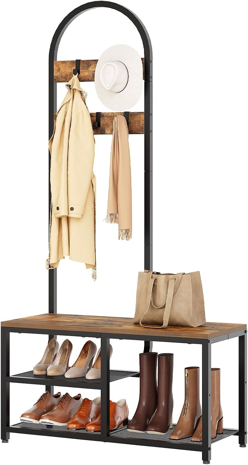 YATINEY Hall Tree, Coat Rack with Shoe Storage, Entryway Bench with Coat Rack and Shoe Shelf, All-in-One Entryway Storage Organizer, for Foyer, Hallway, Cloakroom, Rustic Brown and Black MT04BRY1