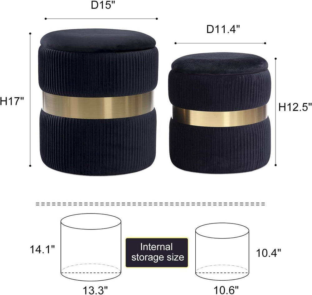 Round Velvet Storage Ottoman with Removable Lid Set of 2, Upholstered Footres...