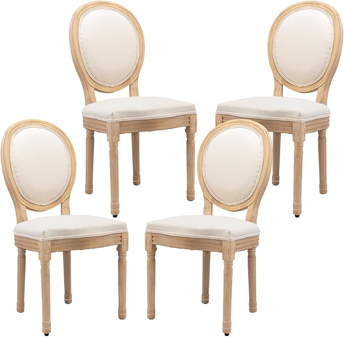 French Country Dining Chairs Set of 4,Farmhouse Upholstered Dining Room Chairs with Round Back and Solid Leg,Fabric Kitchen Side Chairs for Kitchen/Bedroom/Dining Room,Beige