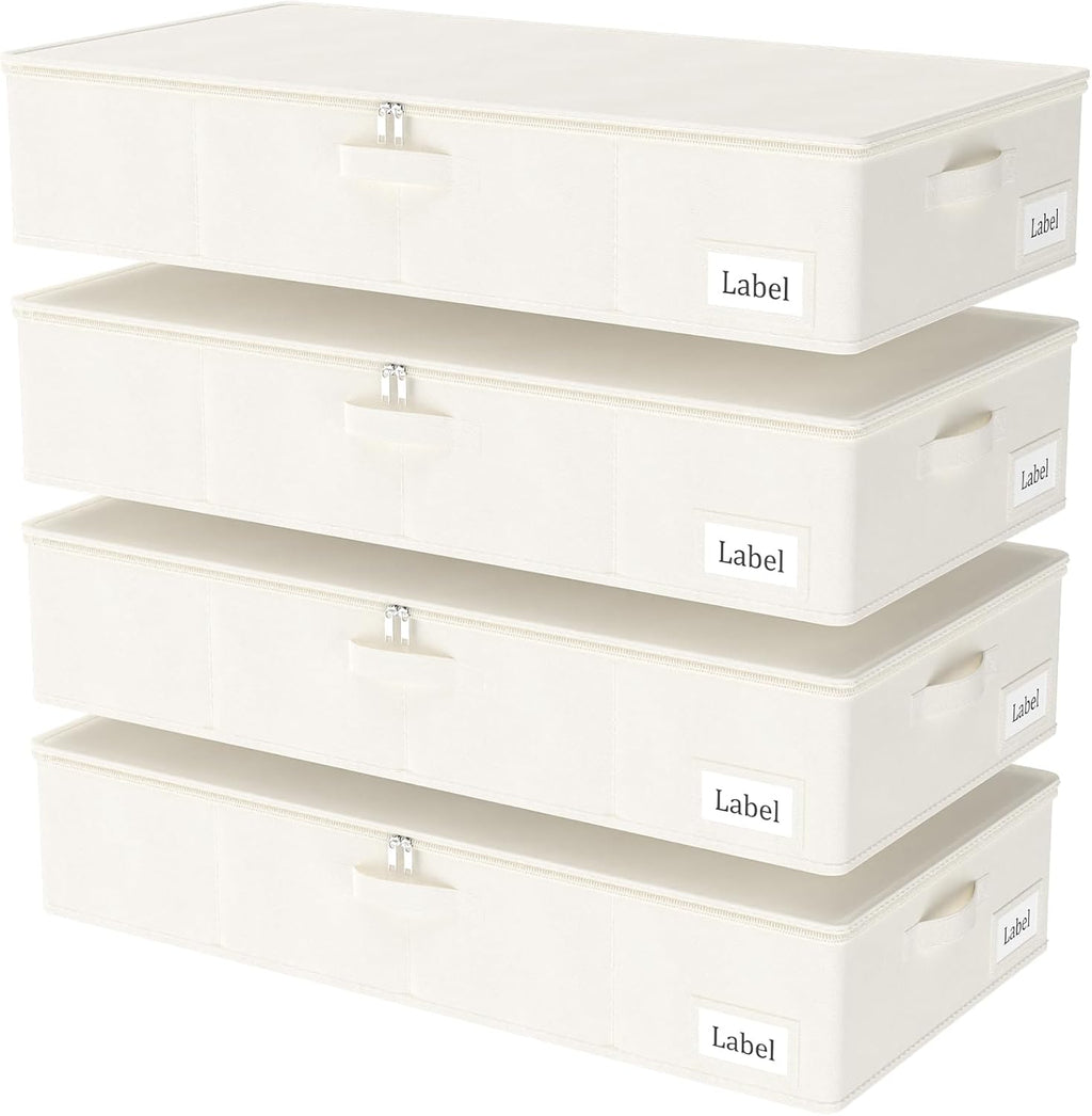 Yawinhe Foldable Underbed Storage Bags, Containers Bin with Lids, Large Under Bed Organizer Box, with Sturdy Zipper und Label Holders, for Clothing, 31.5''Lx15.7''Wx6''H, 4 Pack, Beige