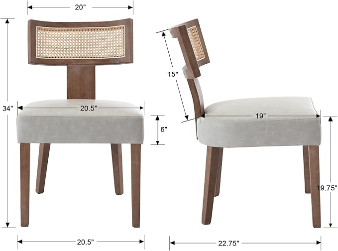 Rattan Dining Chairs Set of 2, Mid-Century Modern Dining Chair, Kitchen Dining Room Chairs, Curved Cane Back Upholstered PU Leather Dining Chairs with Wood Frame, Grey