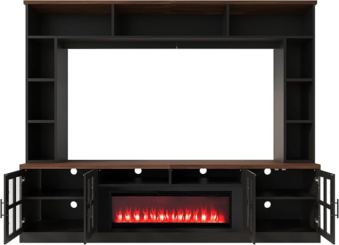 95.5" Wall Unit TV Stand Set with 39.4" Fireplace, Entertainment Center for Televisions Up to 80", Large Media Console with Cabinets and Tempered Glass Doors for Living Room, Black