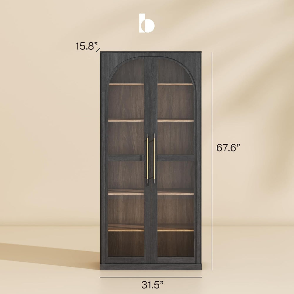 BELLEZE 67" Tall Glass Display Cabinet, Modern Wood Curio Cabinet Bookca...