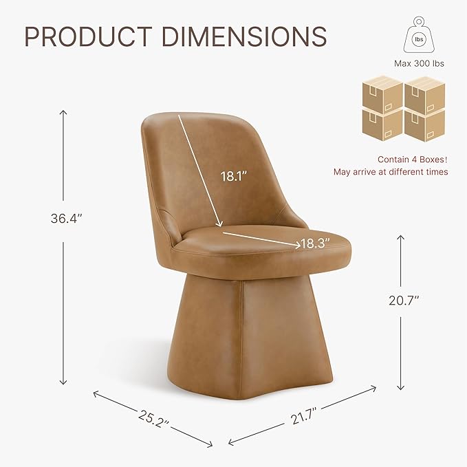 Swivel Dining Chairs Set of 4, Upholstered Mid Century Modern Deskchair with High Back, Faux Leather Kitchen Chairs for Dining Room, Bedroom, Dressing Room, Brown
