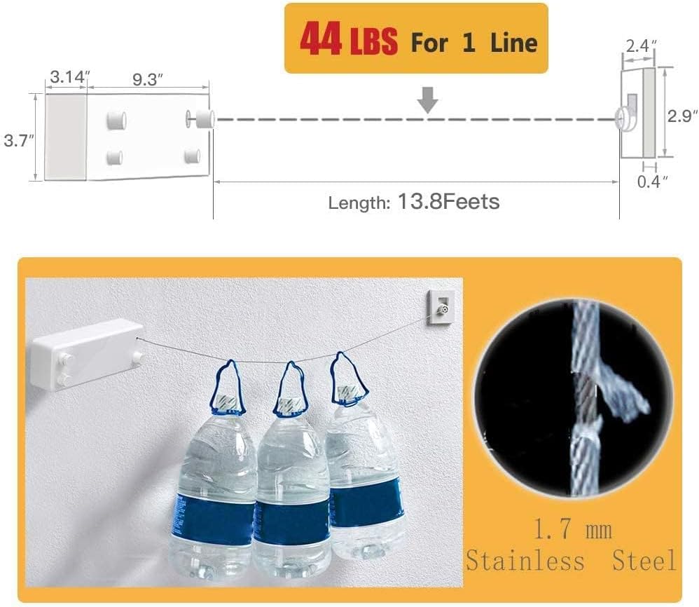 JOOM Retractable Clothesline Indoor Double Clothes Lines retracting | Heavy Duty for Drying Laundry line Outdoor|Wall Mounted Stainless Steel 13.8Feet Two line (Blue Grey)