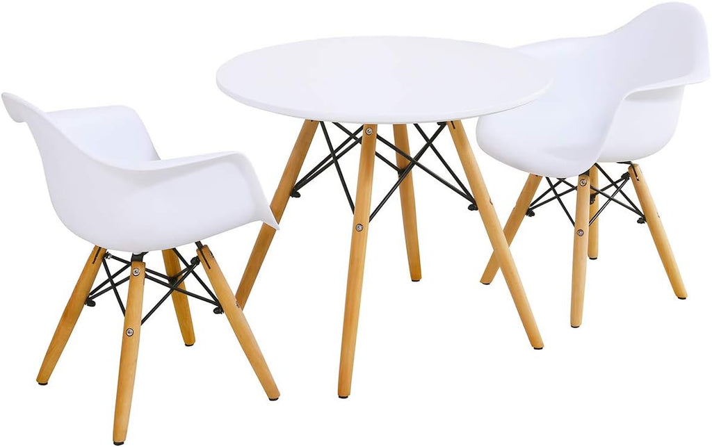 Costzon Mid-Century Modern Style Round Kids Table and 2 Armchairs, White, 23.5''x23.5''x20''(LxWxH) Table, 17''x16.5''x 22''(LxWxH) Chairs, Ages 3-12
