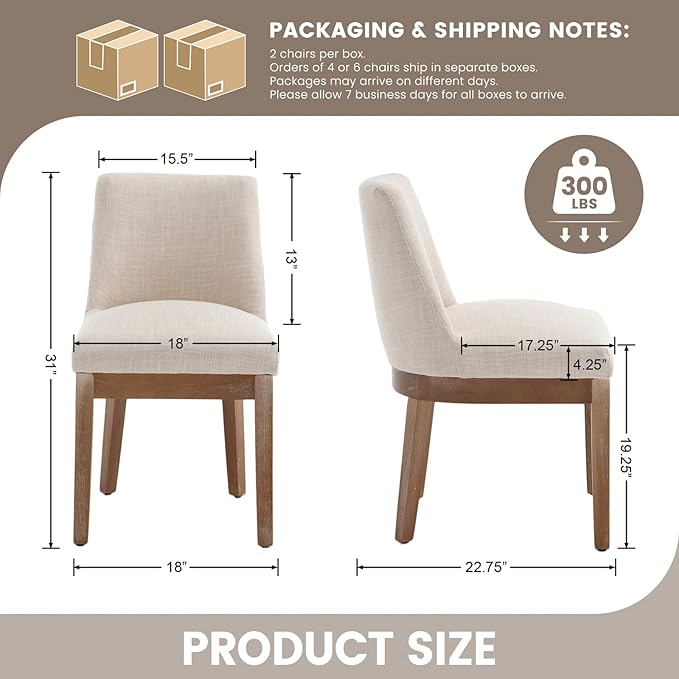 Modern Dining Chairs Set of 2 Comfortable Dining Room Chairs with Back, Linen Fabric Upholstered Kitchen Side Chairs with Natural Wood Legs for Living Room, Beige