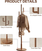 Muwuele Solid Wood Cactus Coat Rack, Freestanding Coat Rack With 6 L-Shaped Hooks and 3 Adjustable Sizes, Coat Tree for Bedroom, Entryway, Livingroom, Coat Hanger Stand for Coats, Handbags (Walnut)