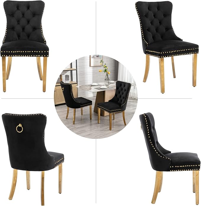 Black Dining Chairs Set of 6,Velvet Upholstered Dining Room Chairs with Back Ring Pull Trim and Golden Stainless Steel Legs,Modern Dining Chairs Perfect for Dining Room,Kitchen(Black)