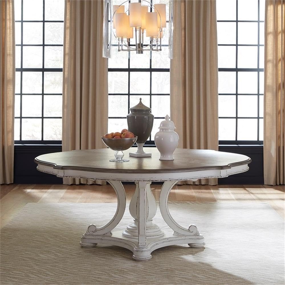 Pemberly Row Magnolia Manor Round Wood Table Set, Antique White Finish, 72 in...