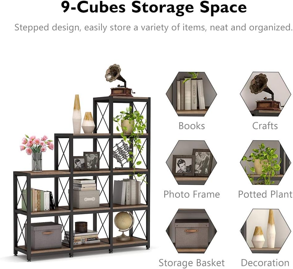 Tribesigns 12 Shelves Bookshelf, Industrial Ladder Corner Bookshelf 9 Cubes S...