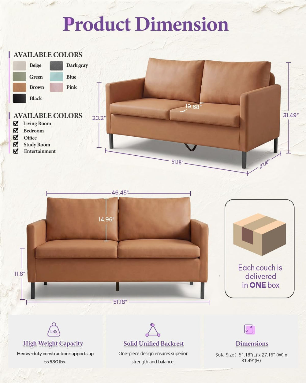TYBOATLE Brown Faux Leather Small Couch Loveseat, 2-Seater Sofa