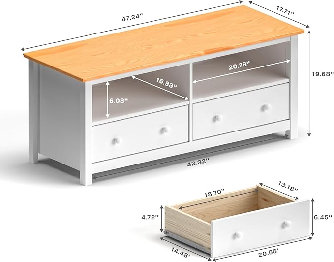 Handcrafted Solid Oak TV Stand Entertainment Center - Elegant White/Pine Media Console with Spacious Storage Drawers & Open Shelves - Sturdy Wood Cabinet Fits TVs up to 55 Inches