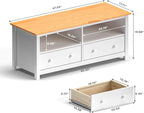 Handcrafted Solid Oak TV Stand Entertainment Center - Elegant White/Pine Media Console with Spacious Storage Drawers & Open Shelves - Sturdy Wood Cabinet Fits TVs up to 55 Inches