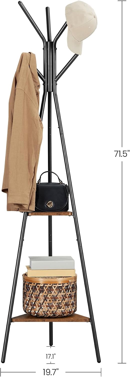 VASAGLE Coat Rack Freestanding, Coat Hanger Stand, Hall Tree with 2 Shelves, for Clothes, Hat, Bag, Industrial Style, Rustic Brown and Black URCR16BX