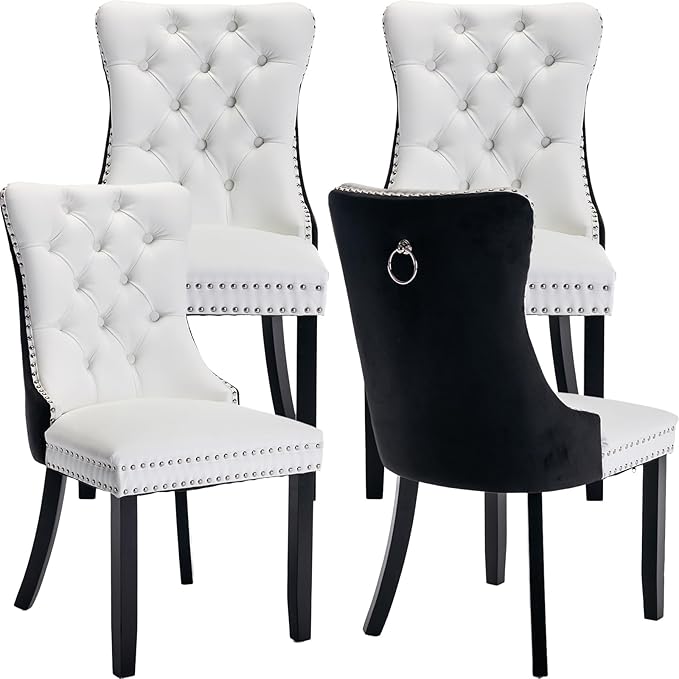 Modern Dining Chairs Set of 4, Tufted Upholstered Dining Chair with Solid Wood Legs, Velvet and Leather Dining Chairs, Sillas de Comedor, Comfy Kitchen Chair (White+Black, 4Pcs)