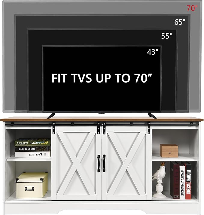 4 EVER WINNER TV Stand for 65 Inch TV for Living Room, Modern Farmhouse Barn Door TV Stand with Storage Cabinets and Adjustable Shelves for Bedroom, Media Entertainment Center TV Console Table, White