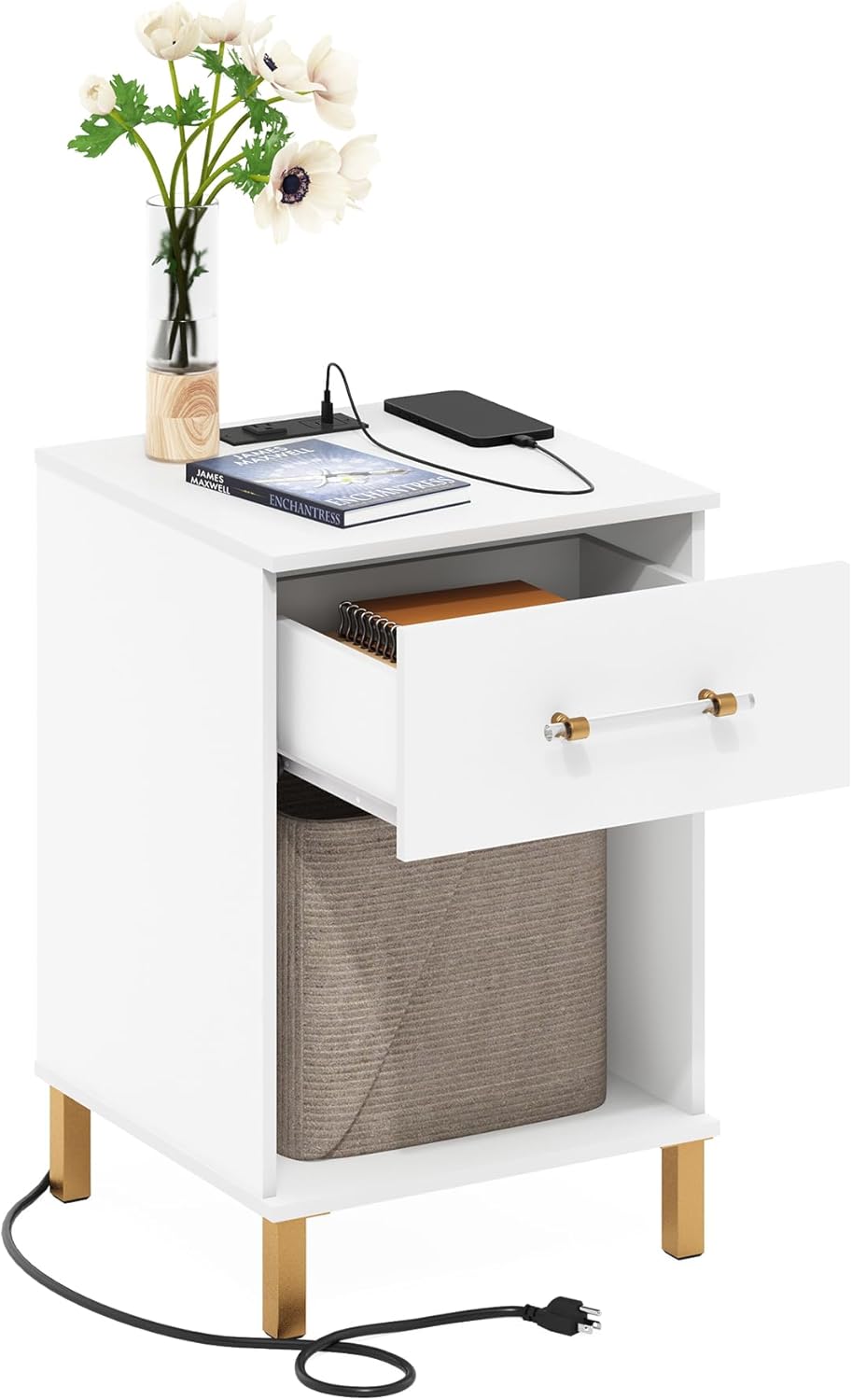 Furinno Tidur Side Table with Charging Station, End Table, Night Stand, Bedsi...