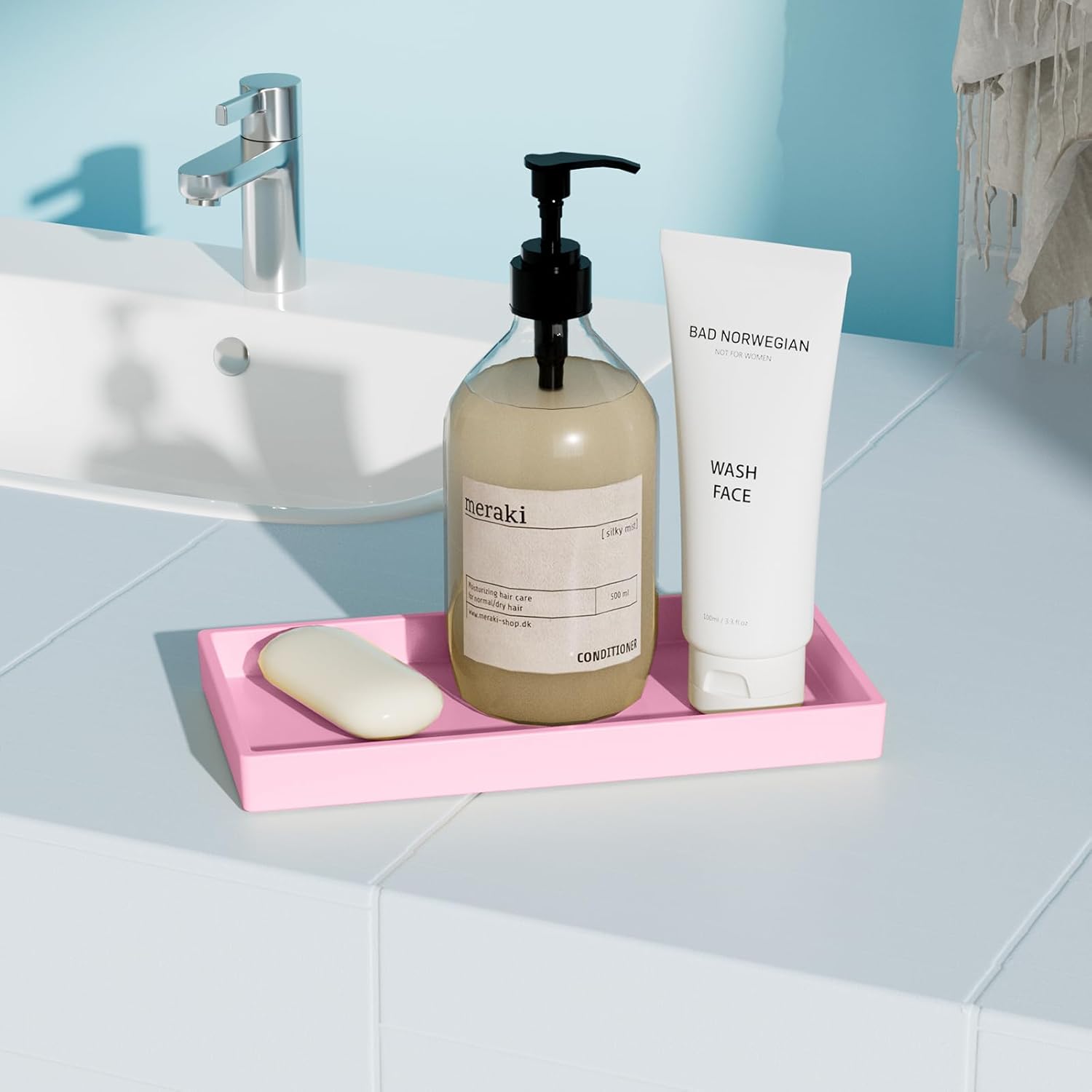 Vanity and Bathroom Tray, 7.7" ABS Countertop Organizer,Waterproof Vanity Tray for Toilet Tank,Perfume,Soap,Keys,Bathroom Accessories,Kitchen and Bath Trays,Non Slip Small Trays,Pink