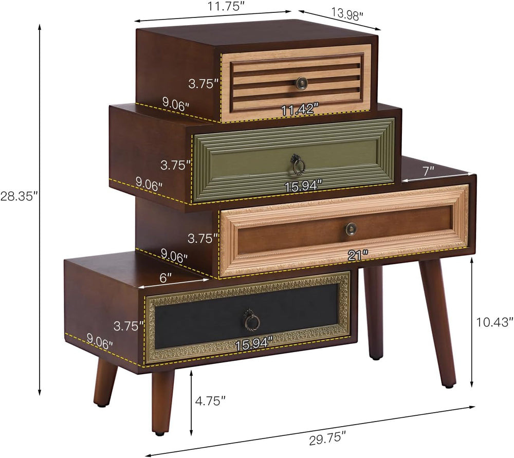 Ahokua Vintage Accent Chest with 4 Drawers, Asymmetrical Stacked Design, Mult...