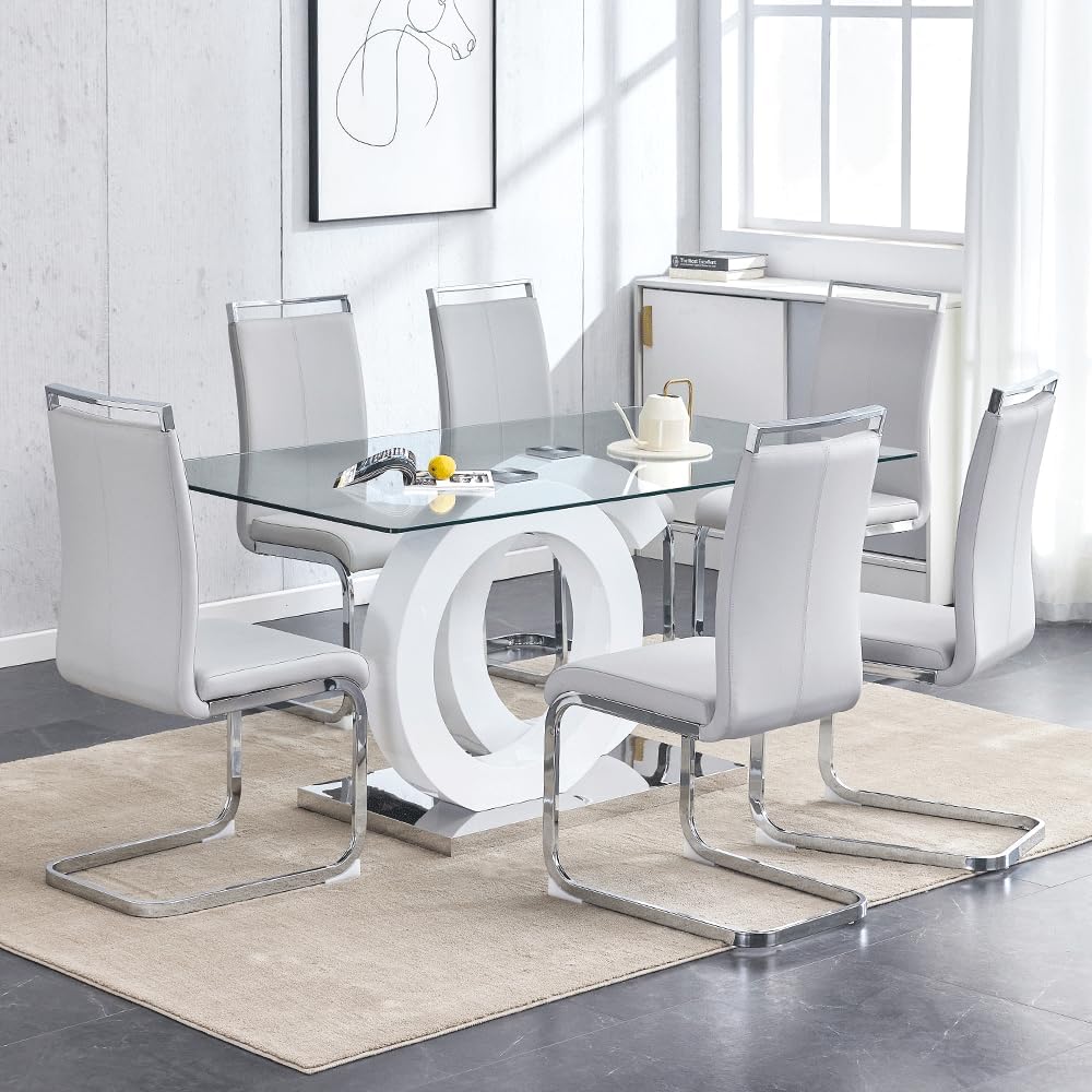63'' Dining Table Set for 6,Modern Glass Dining Room Table Set for 6,...
