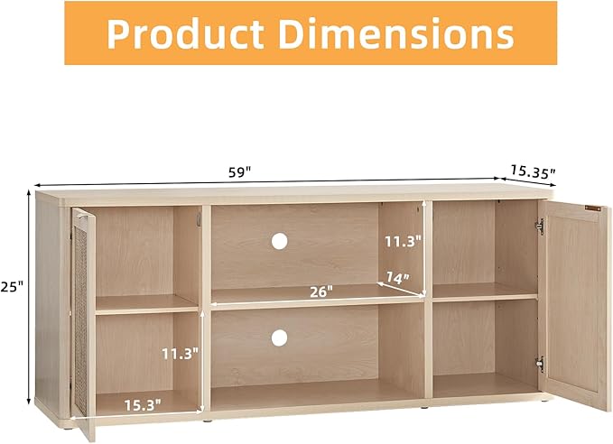 LEYAOYAO Rattan TV Stands for Living Room, Boho TV Cabinet with Storage and Open Shelf, Rustic Wood Entertainment Center, Media Console for 50-65 Inch TV, Light Wood