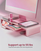 Pink Monitor Stand Riser, Klearlook Foldable, Height Adjustable Computer Stand, Desk Shelf Riser with Storage Drawer &Tablet Phone Stand for Desktop, Laptop