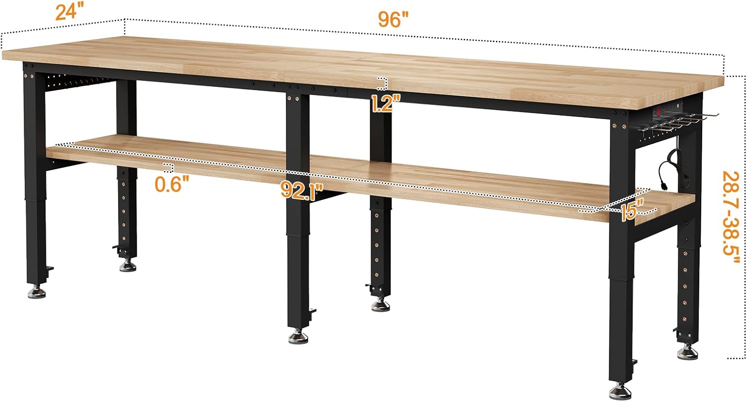 SPECRAFT Adjustable 2-Tier Workbench with 4 AC Outlet and 2 USB Ports Power Outlets, 2000 Lbs Capacity Heavy Duty Workbench, Rubber Wood Top for Garage, Workshop, Office（96x20in）