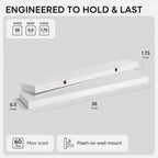 Homeforia White Floating Shelves 36 inch, High End Solid Real Wood 36inch Floating Shelf for Wall Mounted, White Wooden 36in Long Floating Shelves, Heavy Duty Bracket, 36 X 6.5 X 1.75 inches, Set of 2