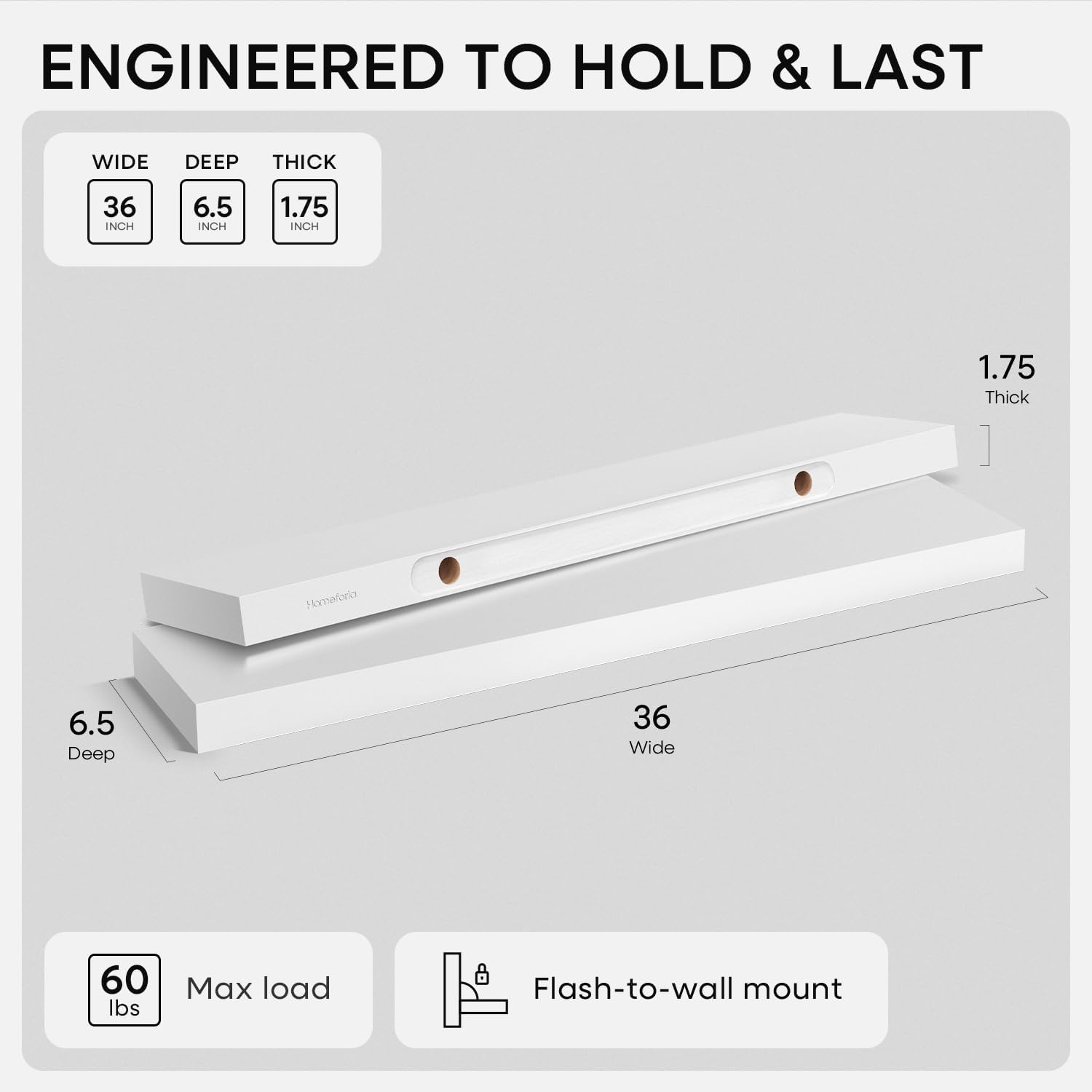 Homeforia White Floating Shelves 36 inch, High End Solid Real Wood 36inch Floating Shelf for Wall Mounted, White Wooden 36in Long Floating Shelves, Heavy Duty Bracket, 36 X 6.5 X 1.75 inches, Set of 2