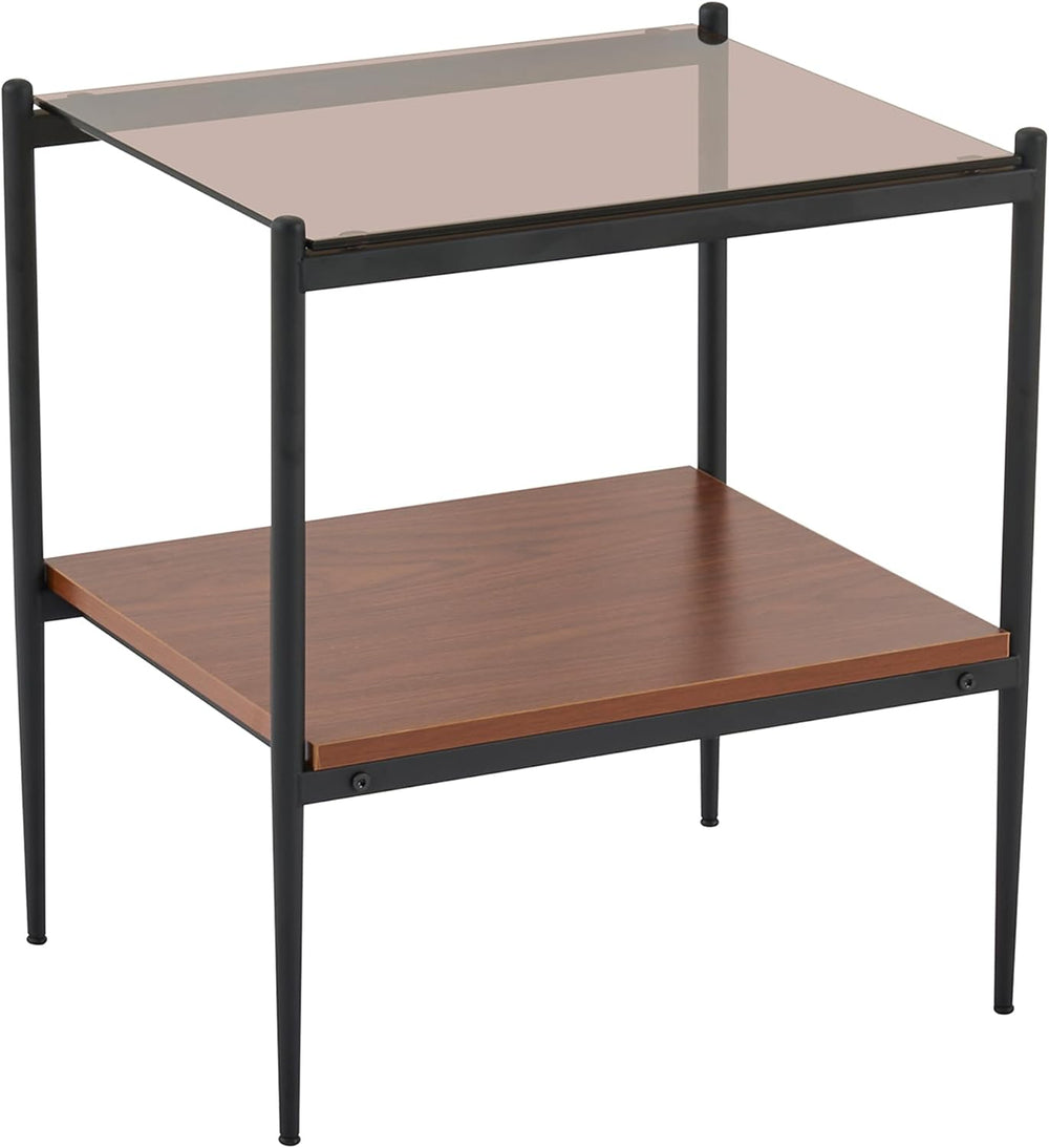Set of 2 Rectangle End Tables, Tempered Glass Top, Brown | MDF shelf, iron le...
