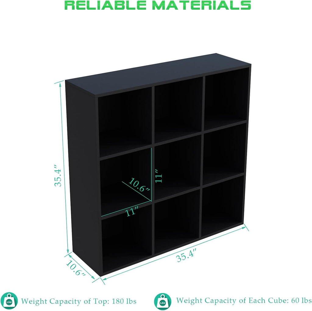 9-Cube Storage Shelf Bookcase - Wooden 3-Tier Free Standing Open Bookshelf for Home and Office, Organizer Cabinet in Black
