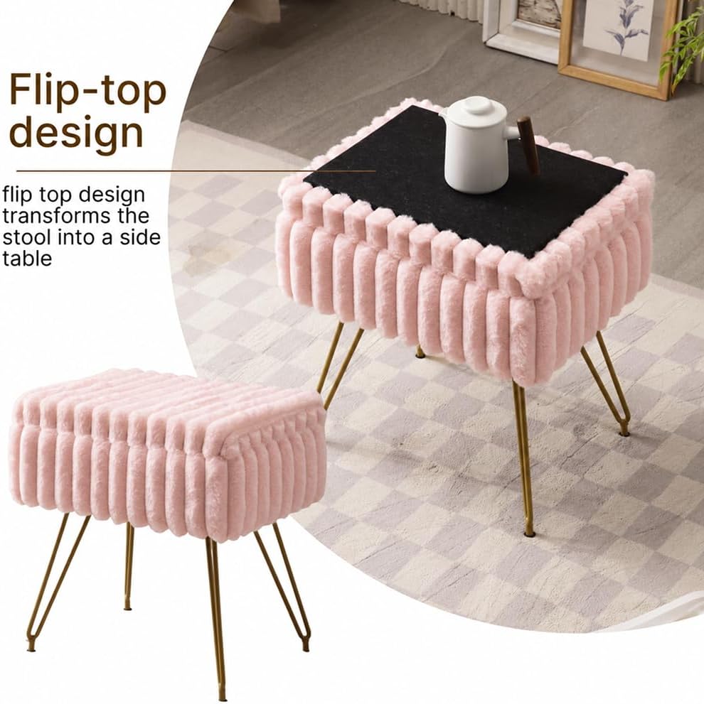 Faux Fur Storage Ottoman, Modern Soft Footstool, Storage Bench with Metal Leg...
