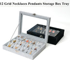 Jewelry Box Necklace Organizer Tray, Grey Necklace Display Case for Storage Jewelry Small Necklaces Display Stand 12 Slot Pendant Holder for Women