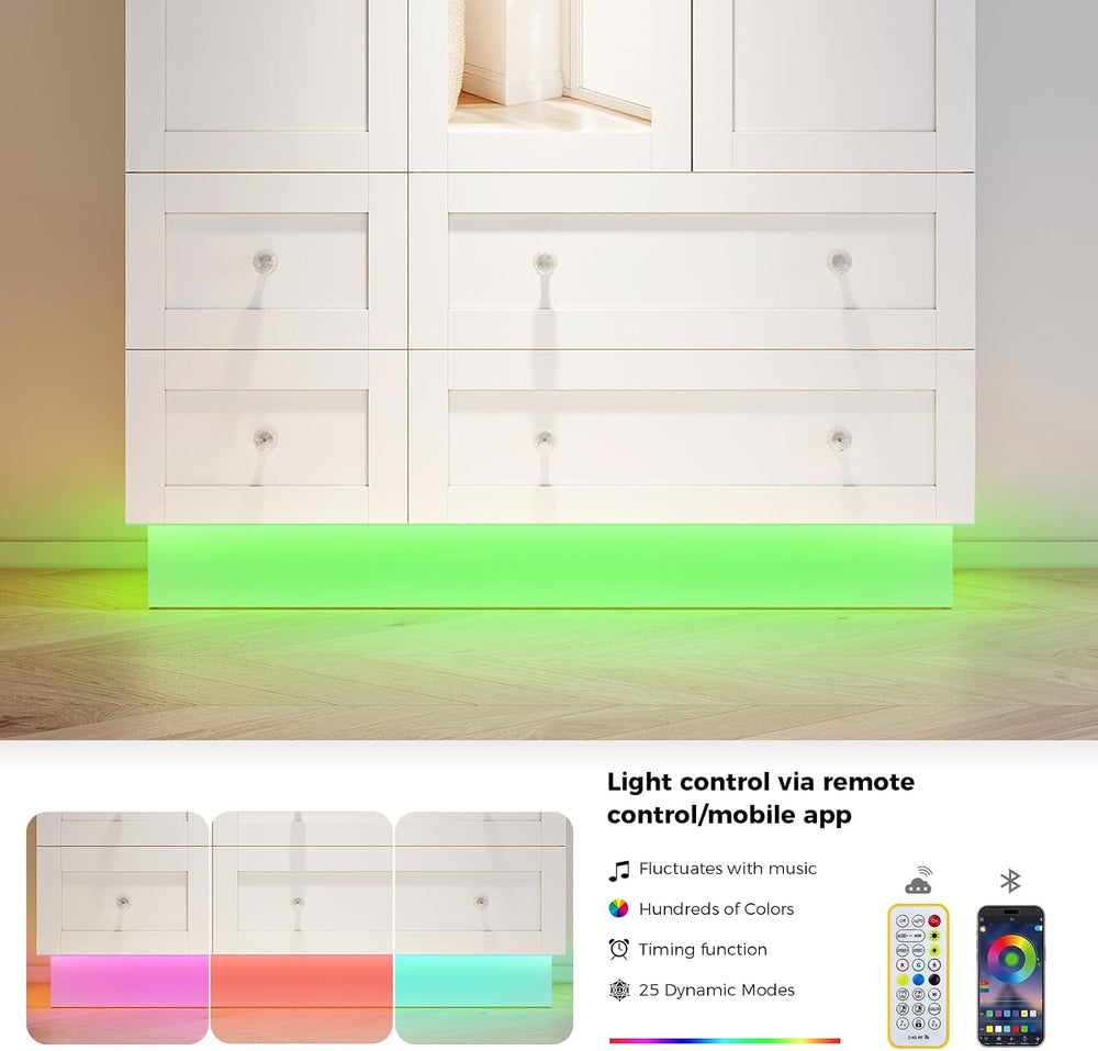 VOWNER Wardrobe Closet with 3 Doors Bedroom Armoire with Mirror & 4 Drawers
