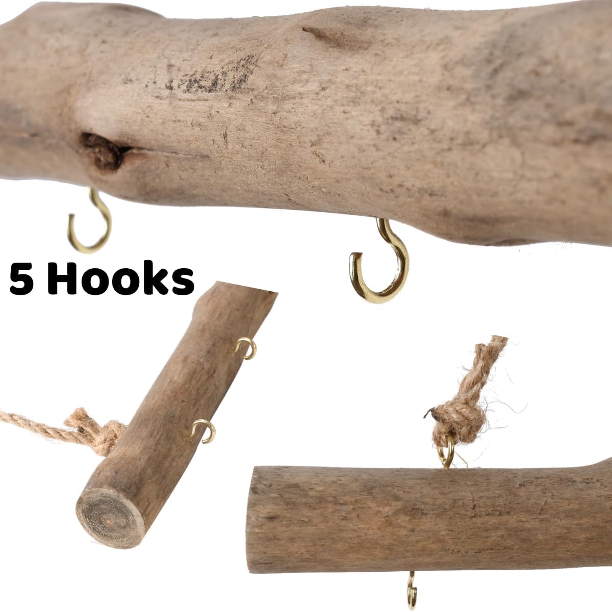 15-Inch Driftwood Wall Hanging Jewelry Hanger - Rustic Wood Logs Hanging Branch Decor with 5 Hooks, Handcrafted from Natural Drift Wood Pieces for Crafts (Rustic)