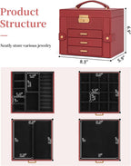 TORIBIO Jewelry Box for Women, Leather Jewelry Organizer with Mirror & Lock, 4-Tier Jewelry Storage Organizer with 3 Drawers for Girls/Women/Mothers, Necklace Earring Bracelets Holder Organizer