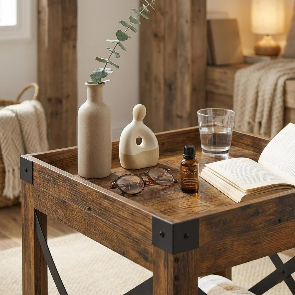 Farmhouse Square Side Table with Open Storage Shelves, Large End Table Modern...