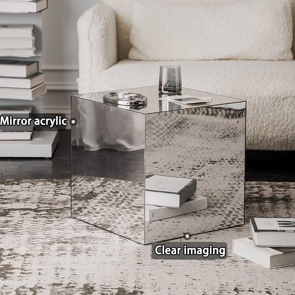 Modern End Table, Mirrored Acrylic Side Table, Cube Coffee Table, Product Pho...