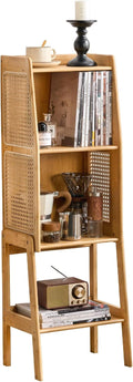Welnow Bamboo Rattan Bookcase with Cabinet, 2-Tier Storage Shelf with Side Table & End Table Function, Large Modern Wood Organizer for Living Room or Bedroom, Natural Bookshelf