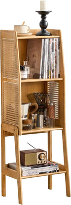 Welnow Bamboo Rattan Bookcase with Cabinet, 2-Tier Storage Shelf with Side Table & End Table Function, Large Modern Wood Organizer for Living Room or Bedroom, Natural Bookshelf
